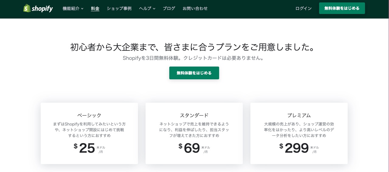 Shopifyの料金プラン